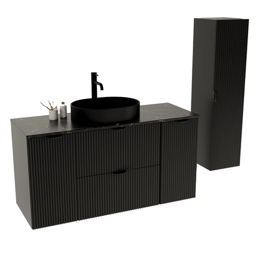 Schwarzes Badmöbel-Set Willy mit 120 cm Waschtischunterschrank, Marmor-Schwarz-Royal-Platte, 120 cm Hochschrank und Waschschale Nadia 60 cm.