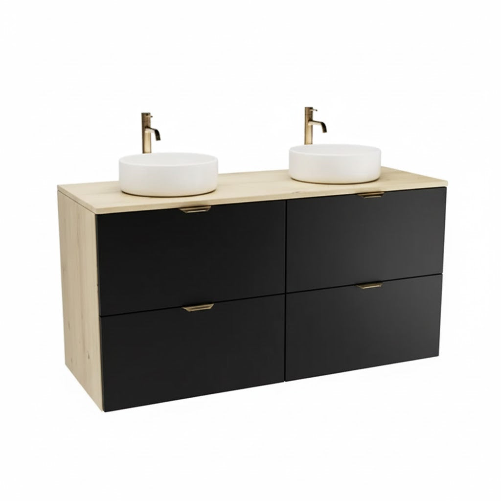 Badmöbel-Set Orio 120 cm mit zwei Waschbecken Carola, vier Schubladen, schwarzen Fronten und Korpus in Eiche Artisan, modernes Design.