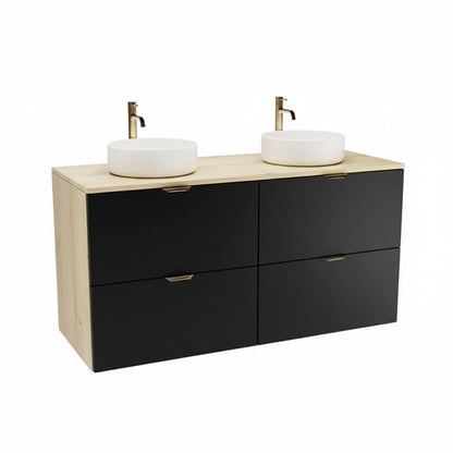 Badmöbel-Set Orio 120 cm mit zwei Waschbecken Carola, vier Schubladen, schwarzen Fronten und Korpus in Eiche Artisan, modernes Design.