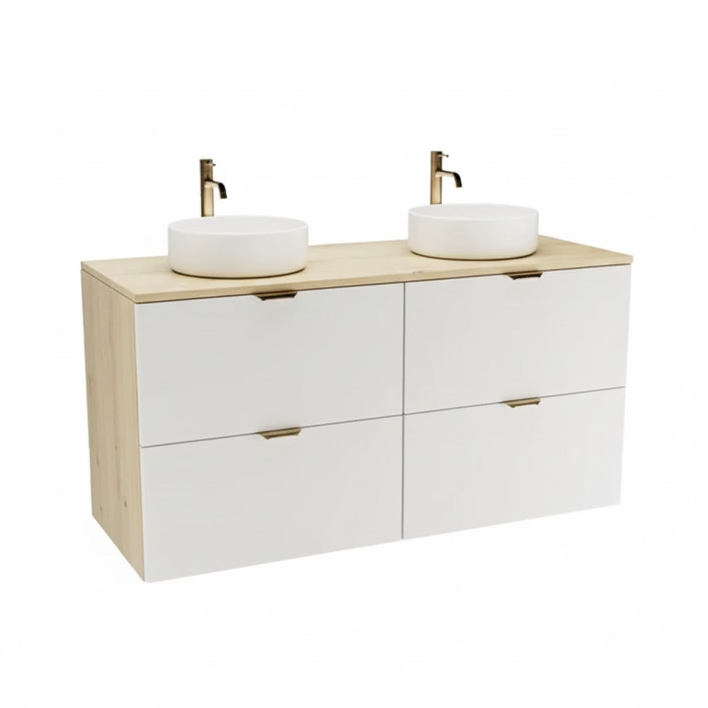 Badmöbel-Set Orio 120 cm mit vier Schubladen, zwei Waschbecken Carola, weißen Fronten und Korpus in Eiche Artisan, modernes Design.