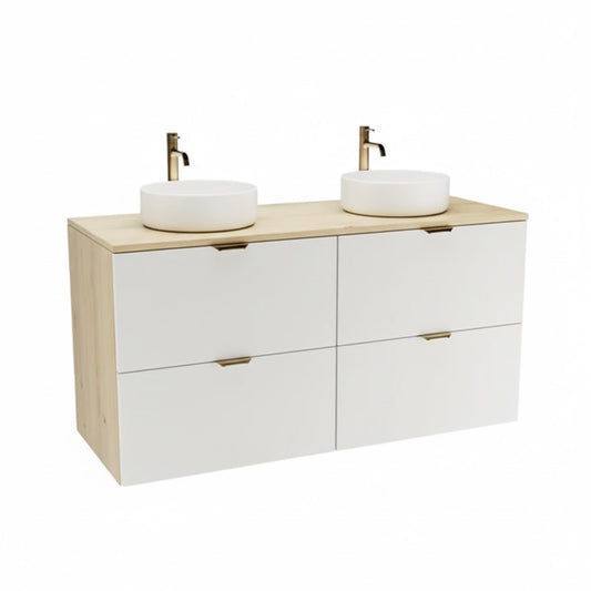 Badmöbel-Set Orio 120 cm mit vier Schubladen, zwei Waschbecken Carola, weißen Fronten und Korpus in Eiche Artisan, modernes Design.