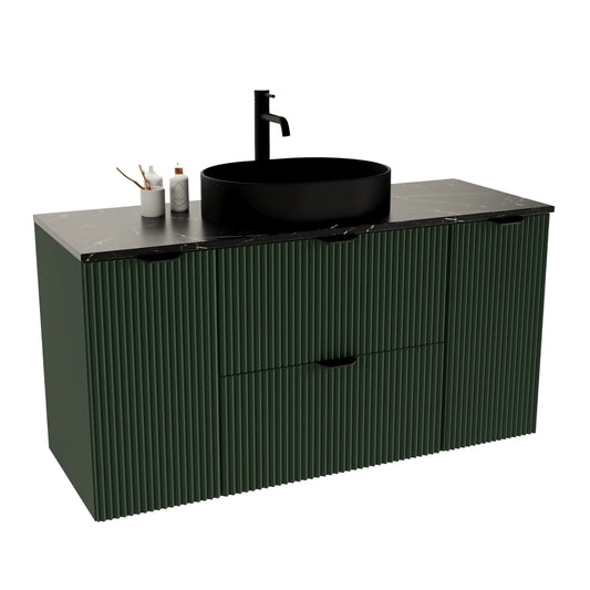 Waschtischunterschrank Willy 120 cm in Salbei mit geriffelter Front, Marmor Schwarz Royal-Platte & Waschbecken Nadia 60 cm.