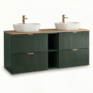 Waschtischunterschrank 140 cm in Salbei mit Walnussplatte, geriffelten Fronten und zentralem offenen Fach im modernen Badezimmerdesign.