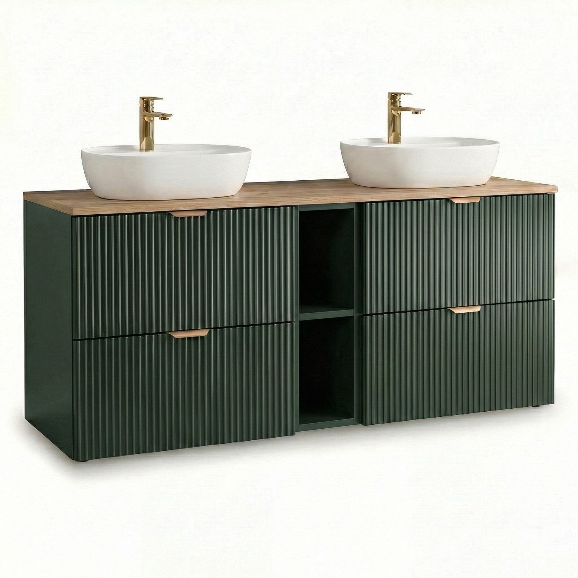 Waschtischunterschrank 140 cm in Salbei mit Walnussplatte, geriffelten Fronten und zentralem offenen Fach im modernen Badezimmerdesign.
