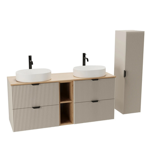 Badmöbel-Set Willy 140 cm in Kaschmir mit Walnussplatte, offenem Regal, 120 cm Hochschrank und zwei Aufsatzwaschbecken Nadia 50 cm.