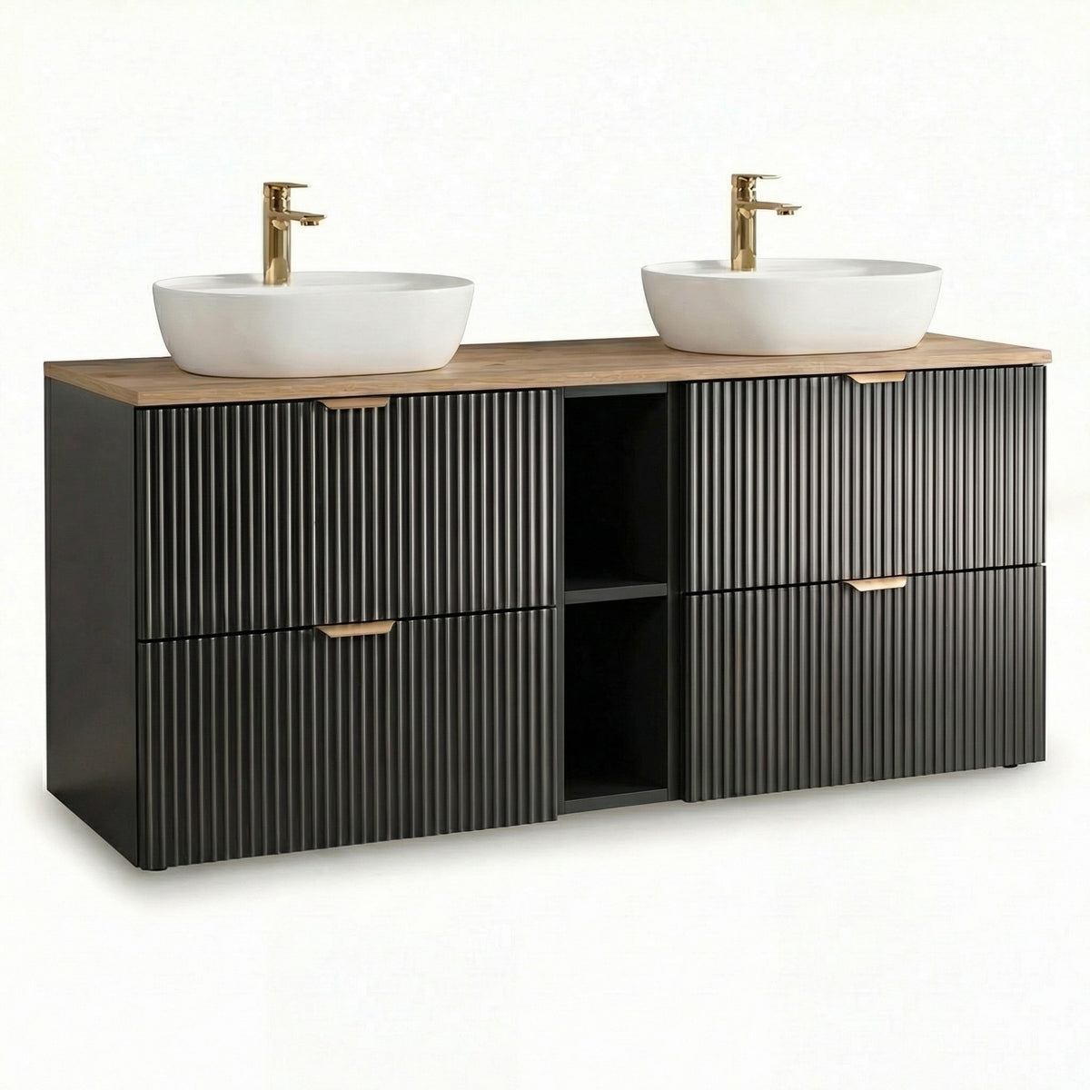 Badmöbel-Set: 140 cm Schrank mit Regal und 2 Waschbecken Willy