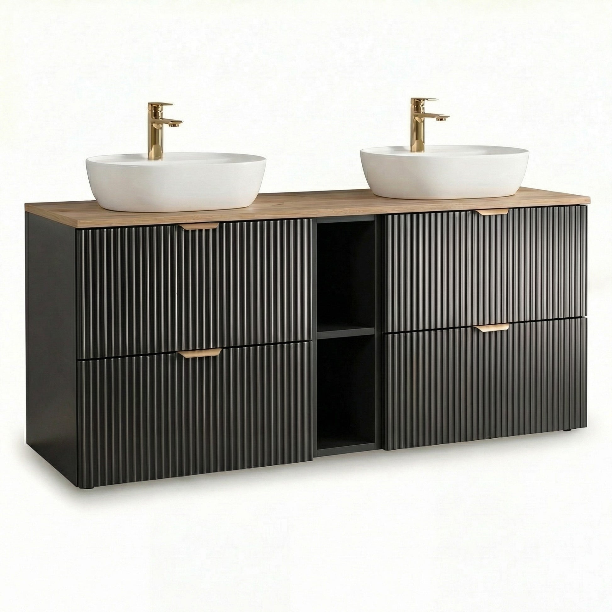 Schwarzer Waschtischunterschrank 140 cm mit Walnussplatte, geriffelten Fronten und zentralem offenen Fach im modernen, eleganten Badezimmerdesign.