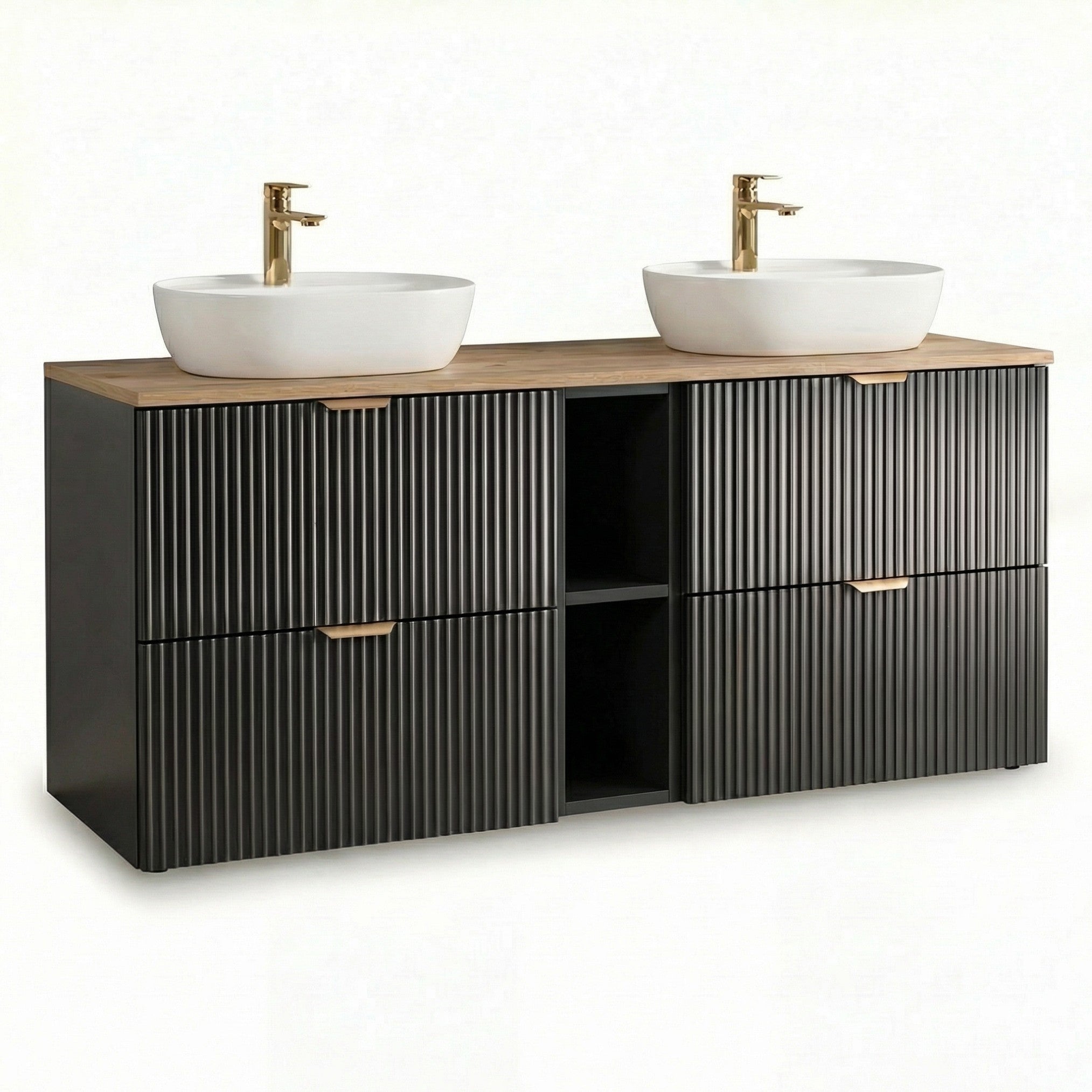 Schwarzer Waschtischunterschrank 140 cm mit Walnussplatte, geriffelten Fronten und zentralem offenen Fach im modernen, eleganten Badezimmerdesign.