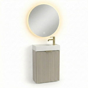 Waschtischunterschrank 40 cm in Kaschmir mit geriffelten Fronten und Waschbecken, kompakte Lösung für kleine Badezimmer im modernen Design.