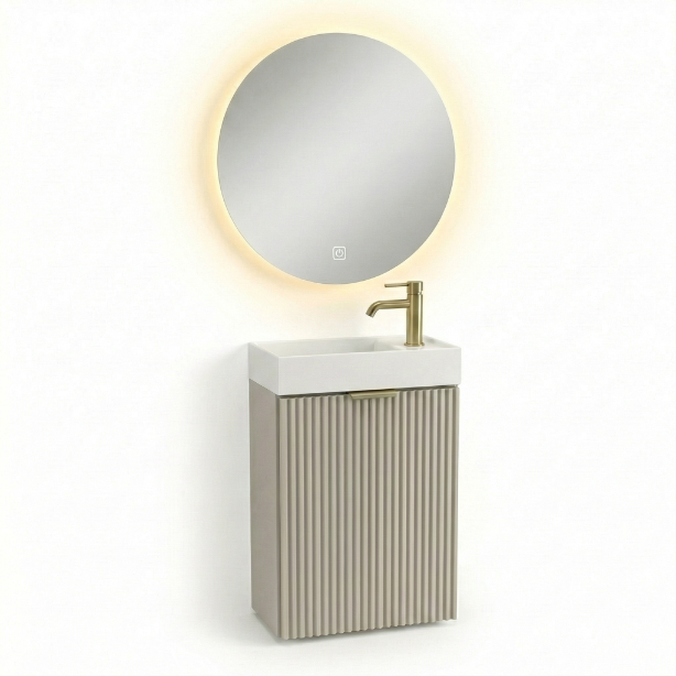 Waschtischunterschrank 40 cm in Kaschmir mit geriffelten Fronten und Waschbecken, kompakte Lösung für kleine Badezimmer im modernen Design.
