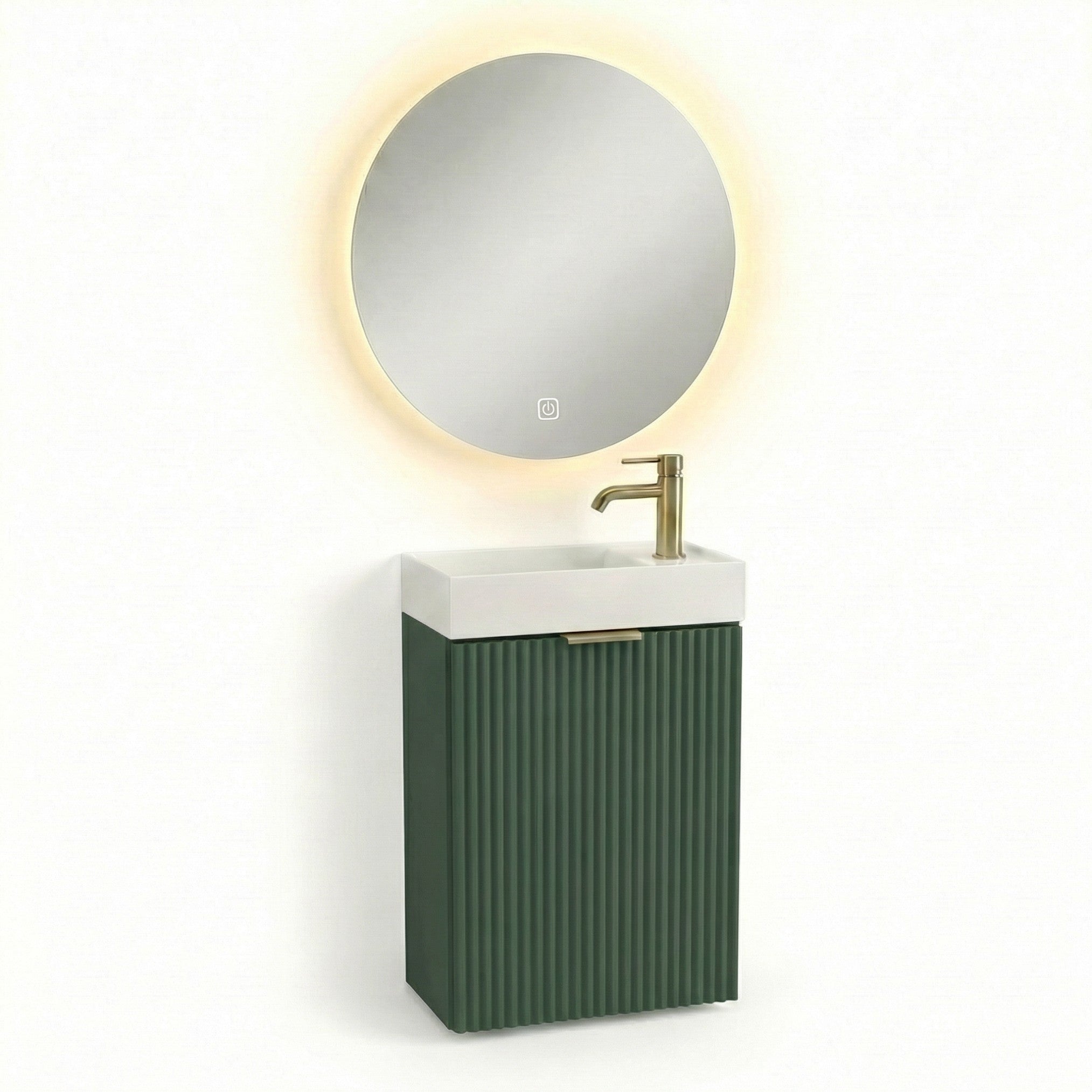 Waschtischunterschrank 40 cm in Salbei mit geriffelten Fronten und Waschbecken, modernes und natürliches Badmöbel für kleine Badezimmer.