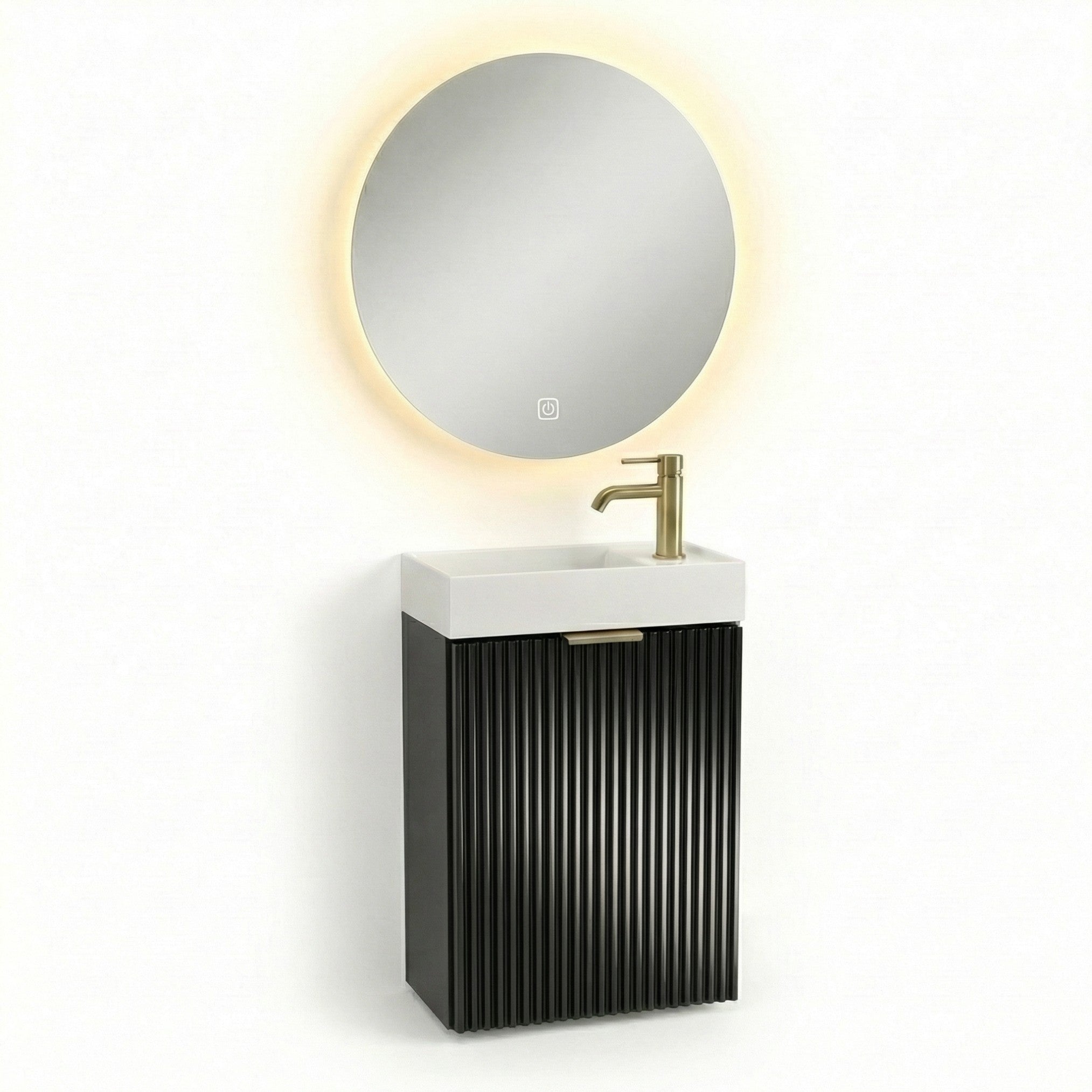 Waschtischunterschrank 40 cm in Schwarz mit geriffelten Fronten und Waschbecken, modernes und kompaktes Badezimmermöbel für kleine Räume.