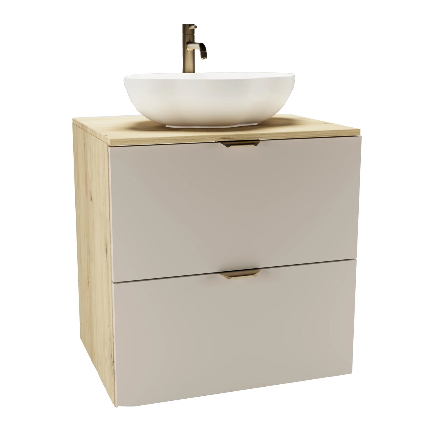 Badmöbel-Set Orio 60 cm mit glatten Kaschmir-Fronten, Eiche Artisan Korpus, Soft-Close-Schubladen und 50 cm Pearl Aufsatzwaschbecken.