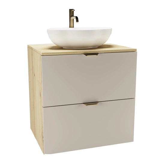 Badmöbel-Set Orio 60 cm mit glatten Kaschmir-Fronten, Eiche Artisan Korpus, Soft-Close-Schubladen und 50 cm Pearl Aufsatzwaschbecken.