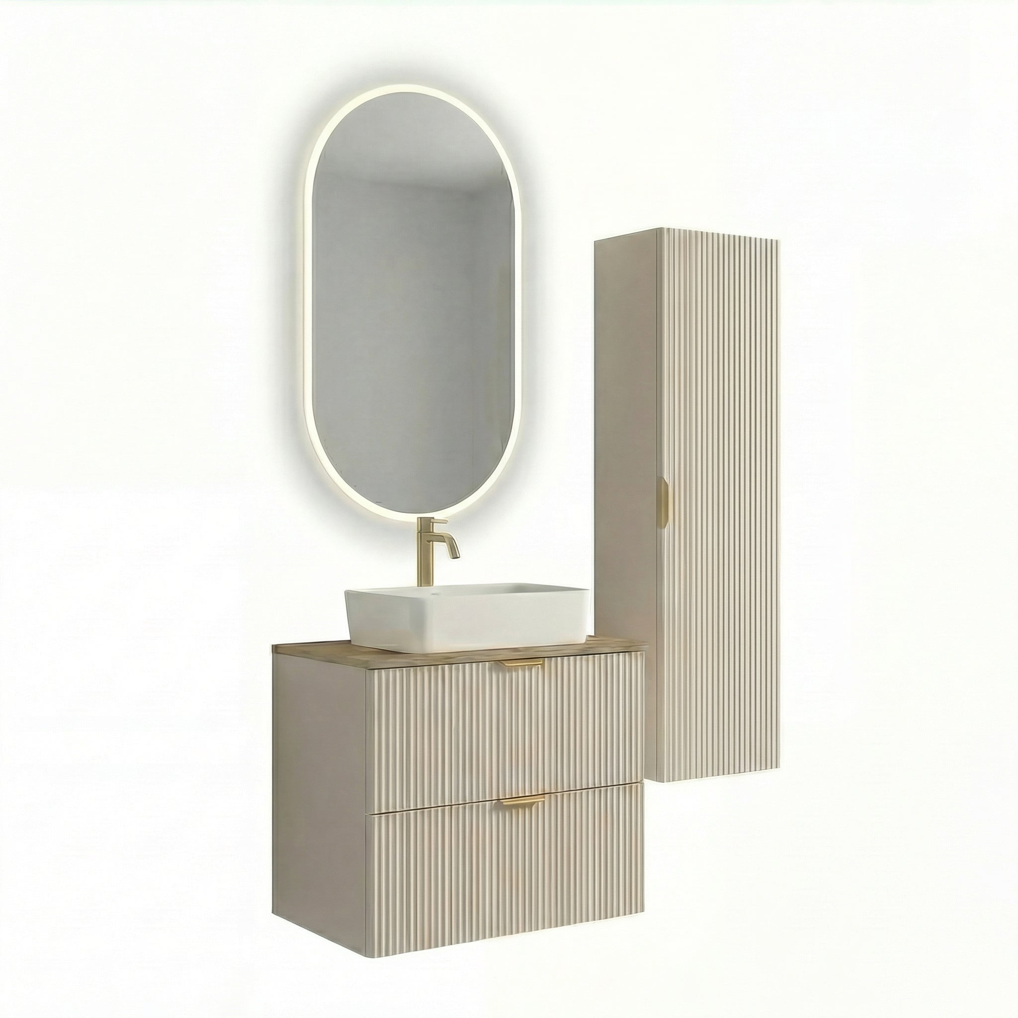 Badmöbel-Set 60 cm in Kaschmir mit Walnussplatte, geriffelten Fronten, Waschtischunterschrank und passendem Hochschrank im modernen Badezimmerdesign.