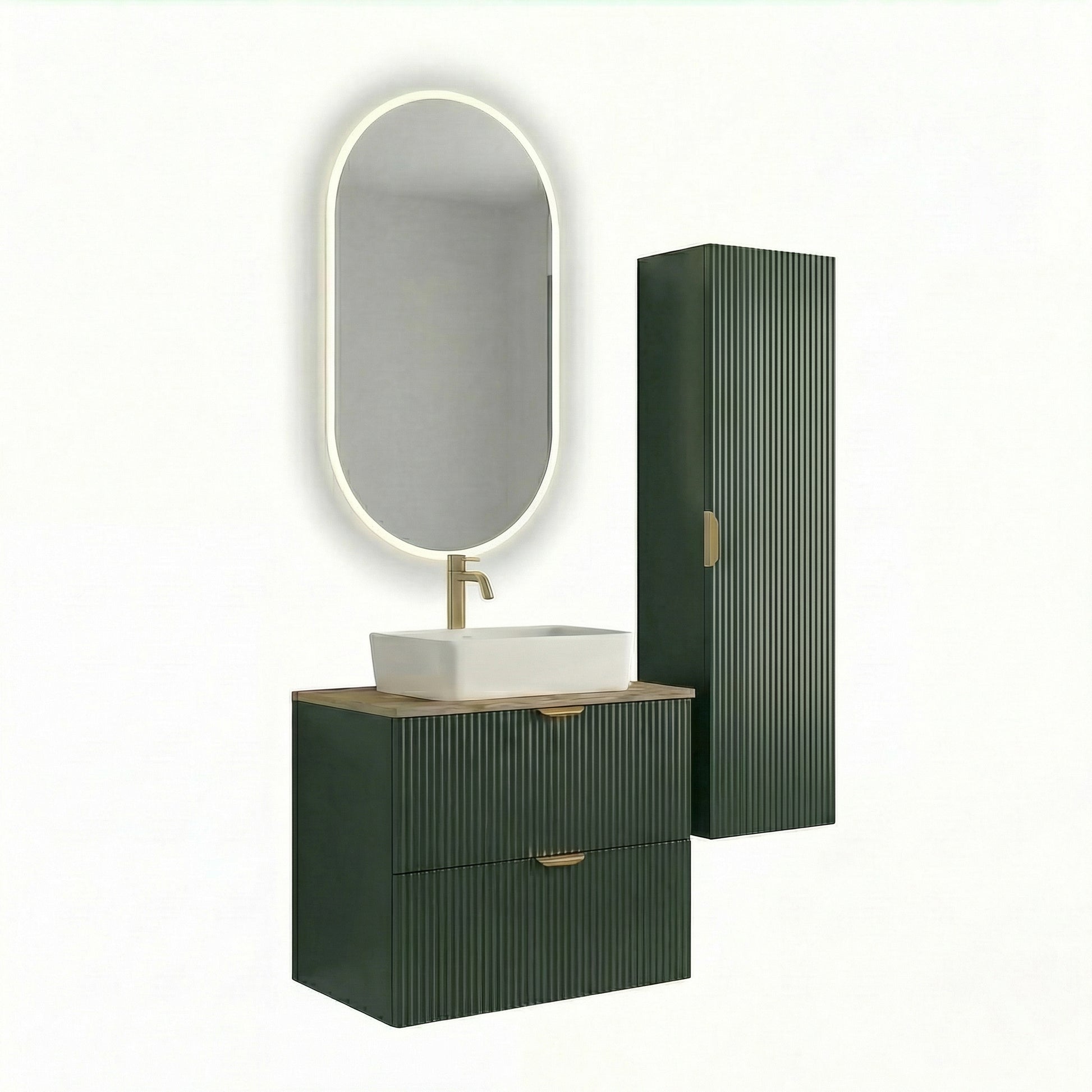 Badmöbel-Set 60 cm in Salbei mit Walnussplatte, geriffelten Fronten, Waschtischunterschrank und Bad Hochschrank im modernen Badezimmerdesign.
