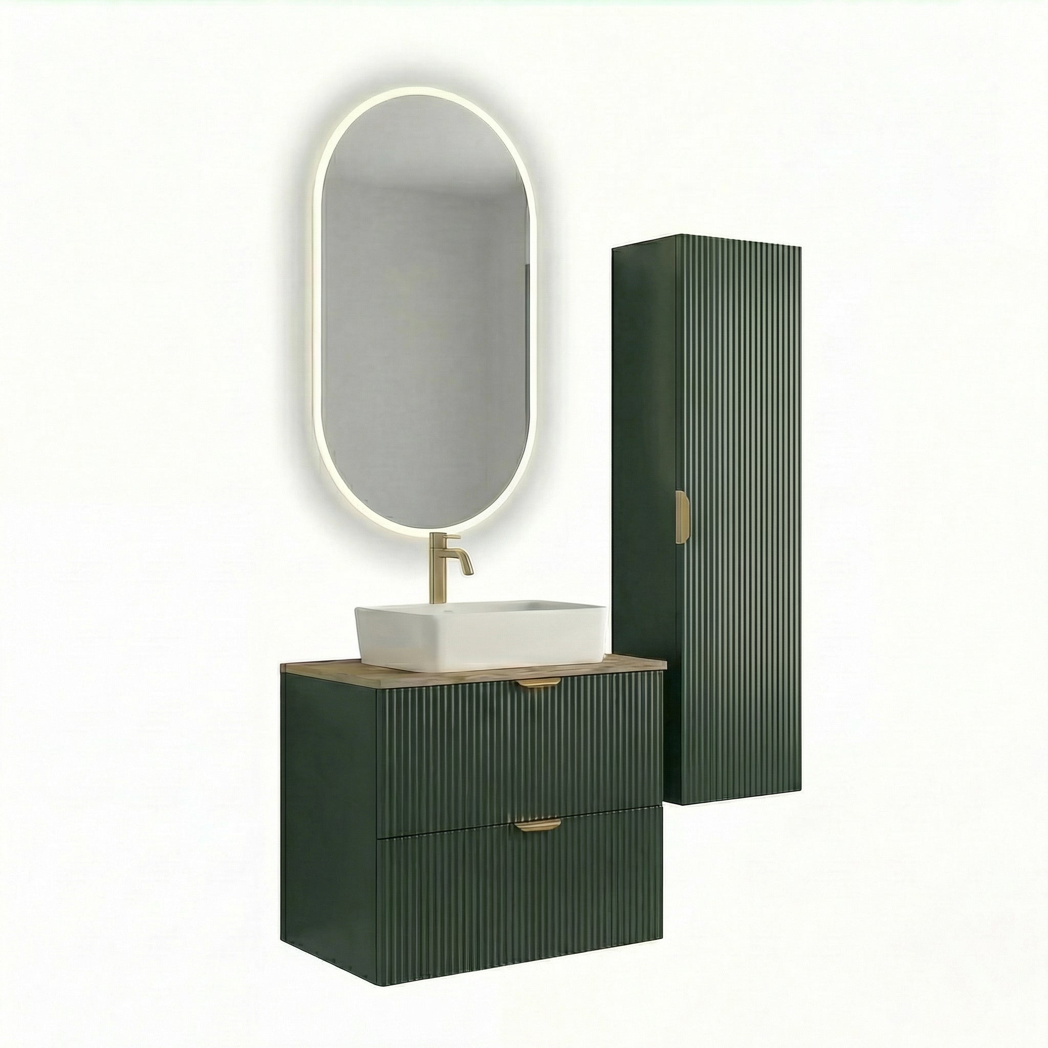 Badmöbel-Set 60 cm in Salbei mit Walnussplatte, geriffelten Fronten, Waschtischunterschrank und Bad Hochschrank im modernen Badezimmerdesign.
