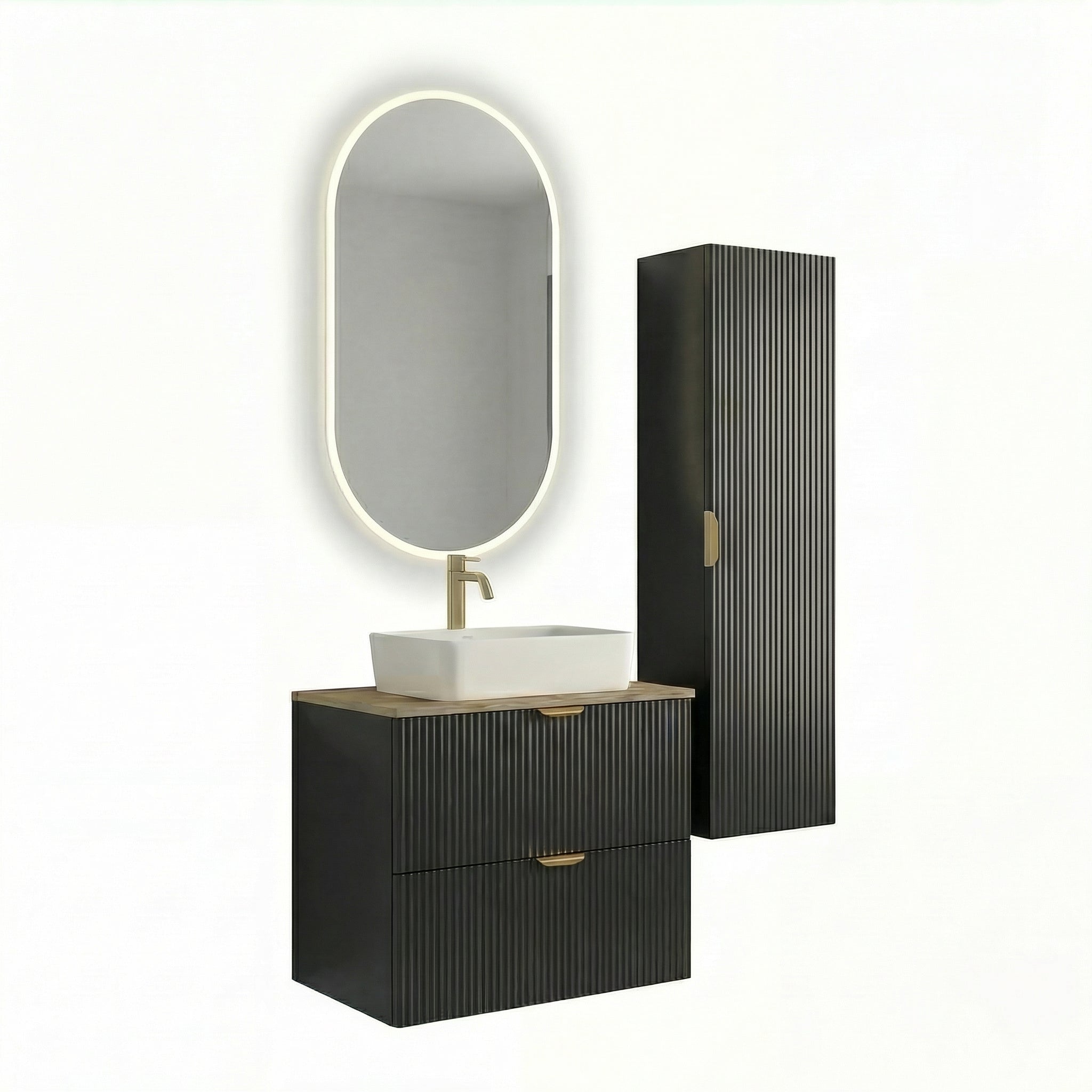 Badmöbel-Set 60 cm in Schwarz mit Walnussplatte, geriffelten Fronten, Waschtischunterschrank und Bad Hochschrank im modernen Badezimmerdesign.