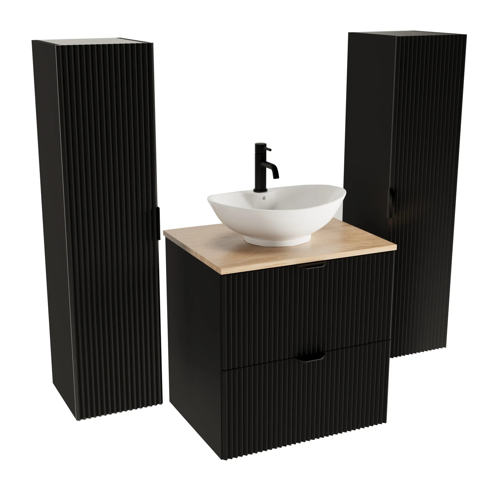 Badmöbel-Set Willy mit 60 cm schwarzem Schrank, 2 schwarzen Hochschränken, geriffelter Front, Walnussplatte und Waschtisch Rosa-2 58,5 cm.