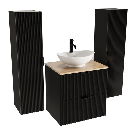 Badmöbel-Set Willy mit 60 cm schwarzem Schrank, 2 schwarzen Hochschränken, geriffelter Front, Walnussplatte und Waschtisch Rosa-2 58,5 cm.