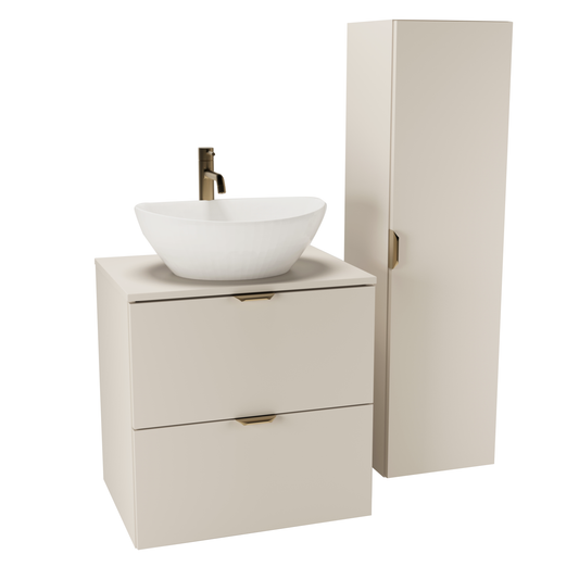 Badmöbel-Set Orio in Kaschmir mit 60 cm Waschtischunterschrank, 120 cm Hochschrank, glatten Fronten und Sofia 40 cm Aufsatzwaschbecken.