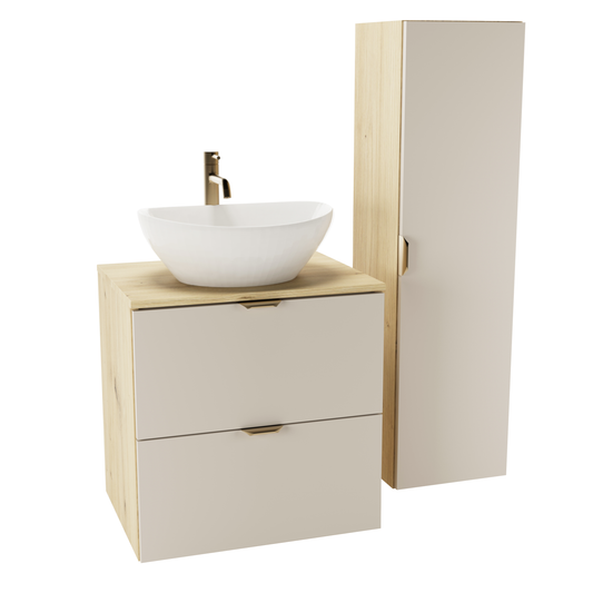 Badmöbel-Set Orio mit Kaschmir-Fronten und Eiche Artisan Korpus, 60 cm Waschtischunterschrank, 120 cm Hochschrank und Sofia 40 cm Aufsatzwaschbecken.