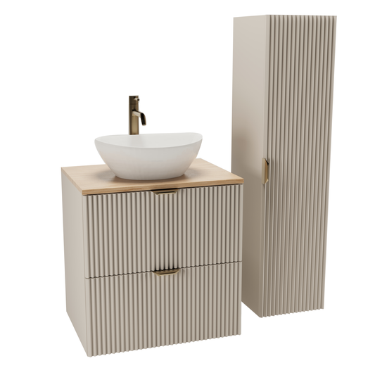 Badmöbel-Set Willy mit Waschtischunterschrank 60 cm und Bad Hochschrank 120 cm hoch in Kaschmir und Walnuss.