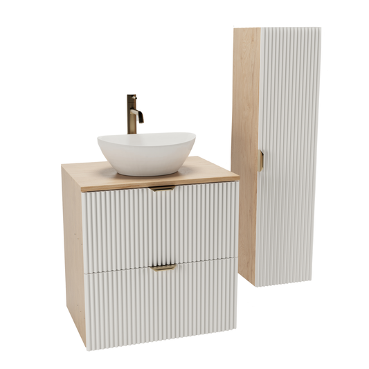 Badmöbel-Set Willy mit weißem Waschtischunterschrank 60 cm und Bad Hochschrank 120 cm hoch mit Walnuss-Korpus.