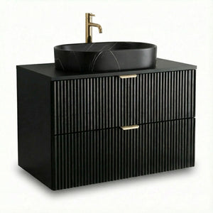 Badezimmer-Set 80 cm Schwarz mit Waschtischunterschrank, Aufsatzwaschbecken Nadia 60 cm in schwarzer Steinoptik und geriffelten Fronten.