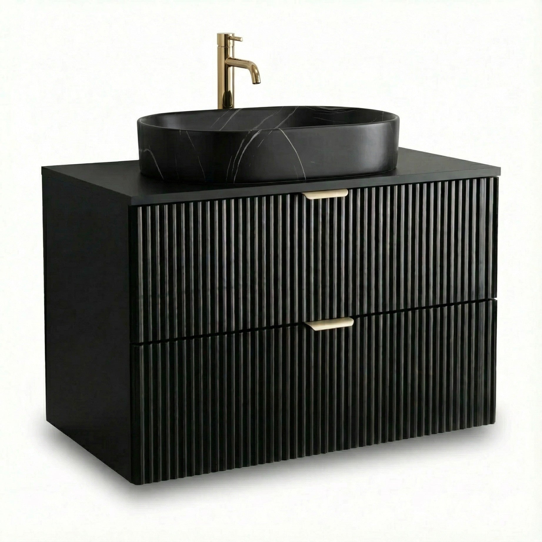 Badezimmer-Set 80 cm Schwarz mit Waschtischunterschrank, Aufsatzwaschbecken Nadia 60 cm in schwarzer Steinoptik und geriffelten Fronten.
