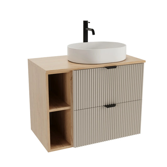 Badmöbel-Set Willy 80 cm mit 60 cm Unterschrank, 20 cm Walnuss-Regal, Nadia Waschbecken 50 cm und hoher Armatur in Kaschmir/Walnuss.