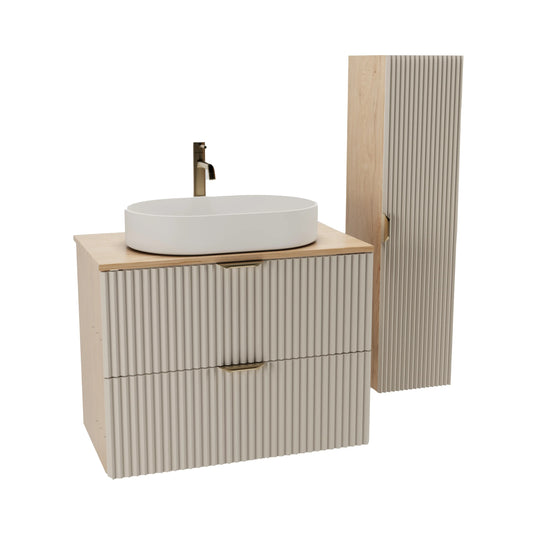 Badmöbel-Set Willy mit 80 cm Waschtischunterschrank und 120 cm hohem Bad Hochschrank in Kaschmir/Walnuss mit Aufsatzwaschbecken Nadia.