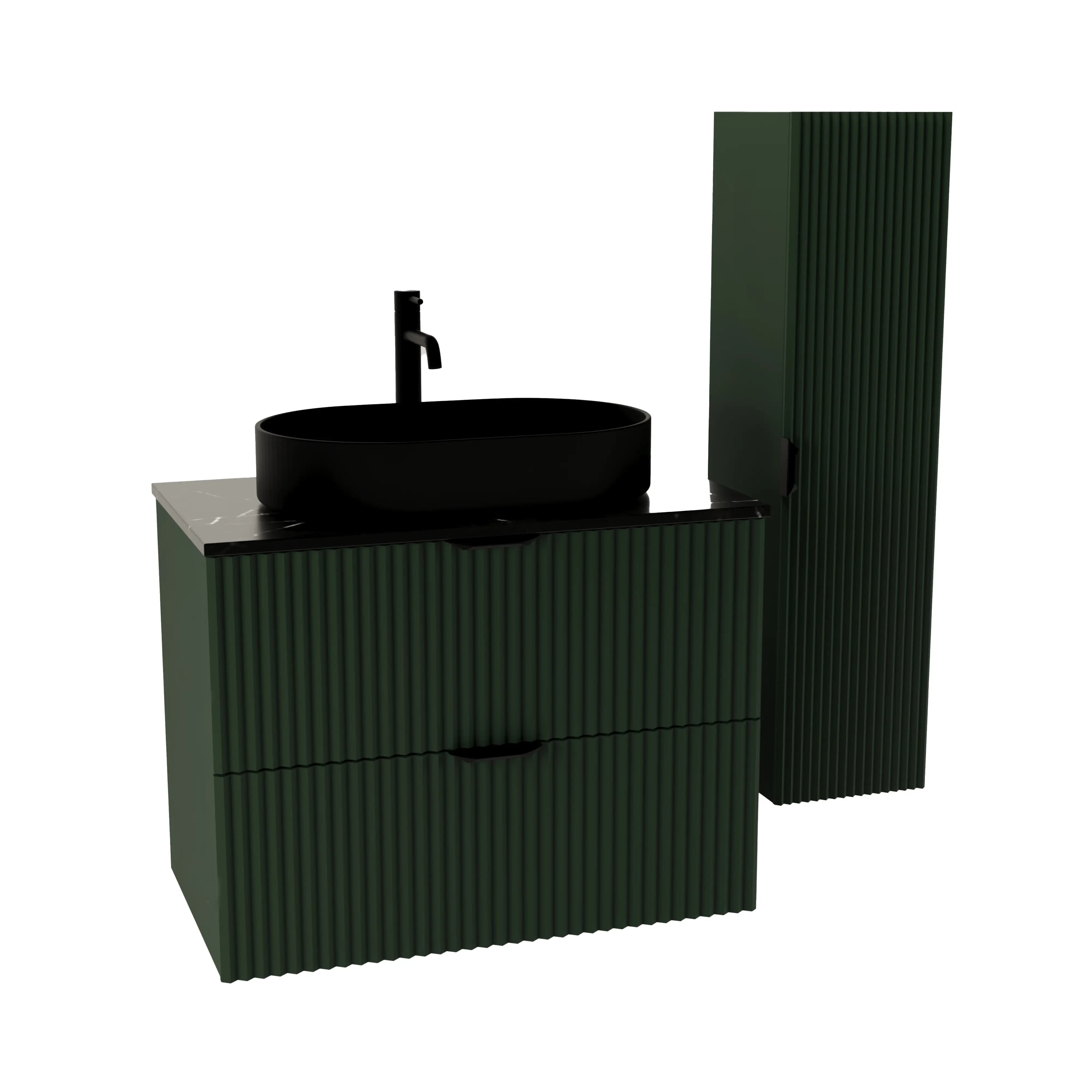 Badmöbel-Set Willy in Salbei mit 80 cm Waschtischunterschrank, Marmor-Schwarz-Royal-Platte, 120 cm Hochschrank & Waschschale Nadia 60 cm.