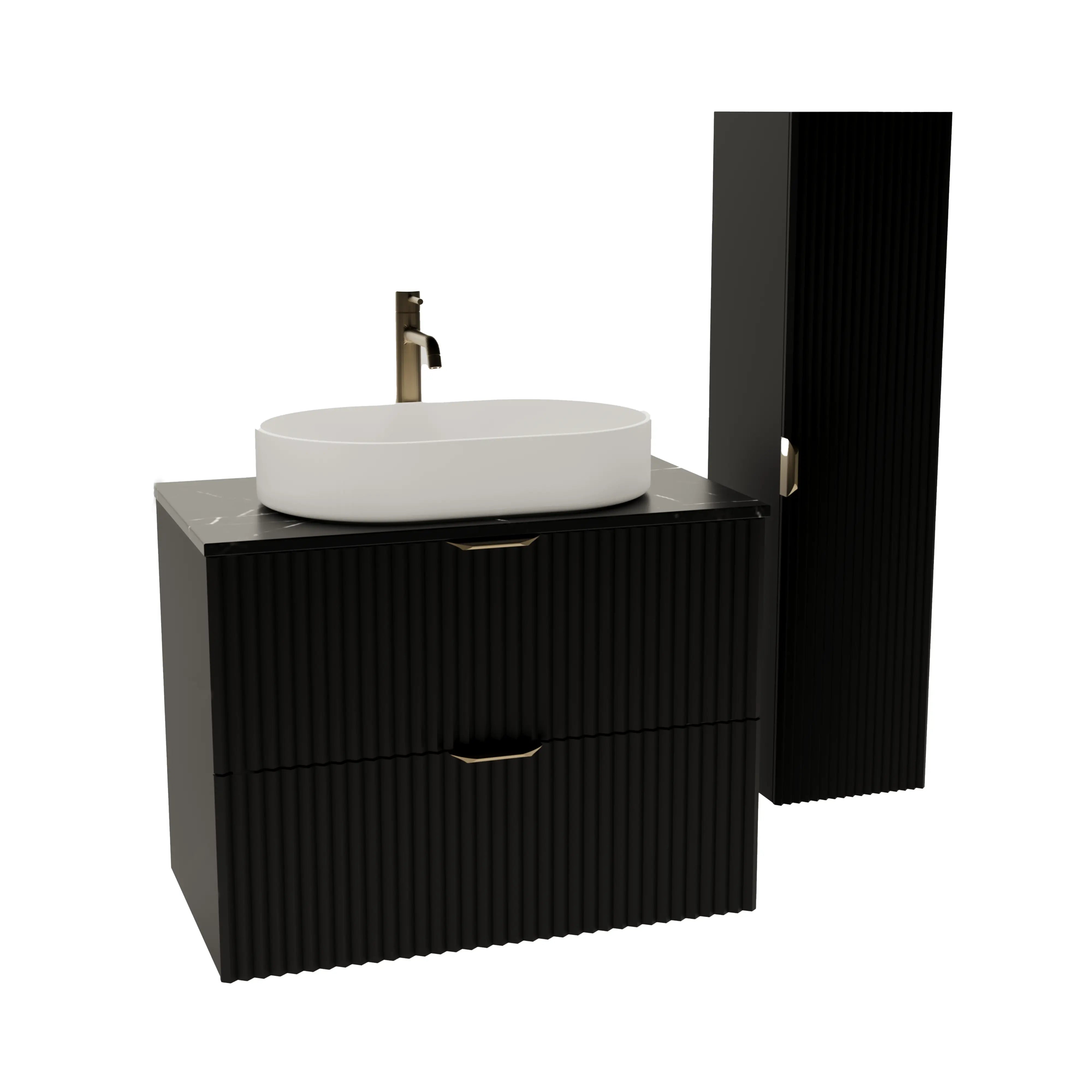 Schwarzes Badmöbel-Set Willy mit 80 cm Waschtischunterschrank, 120 cm Hochschrank und Waschschale Nadia, goldene Griffe (wahlweise schwarz).