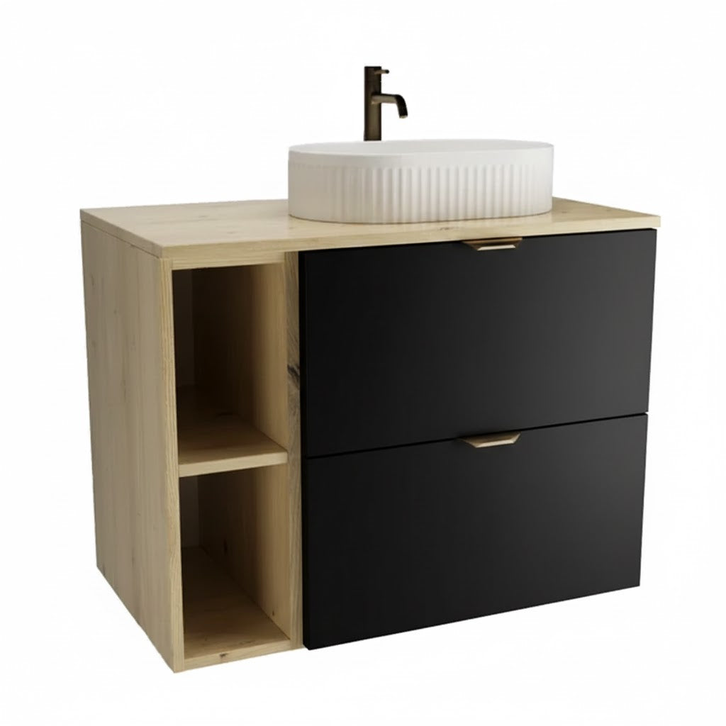 Badmöbel-Set Orio mit 80 cm Waschtischunterschrank in Schwarz und Eiche Artisan sowie dekorativem Waschbecken, modernes Design.