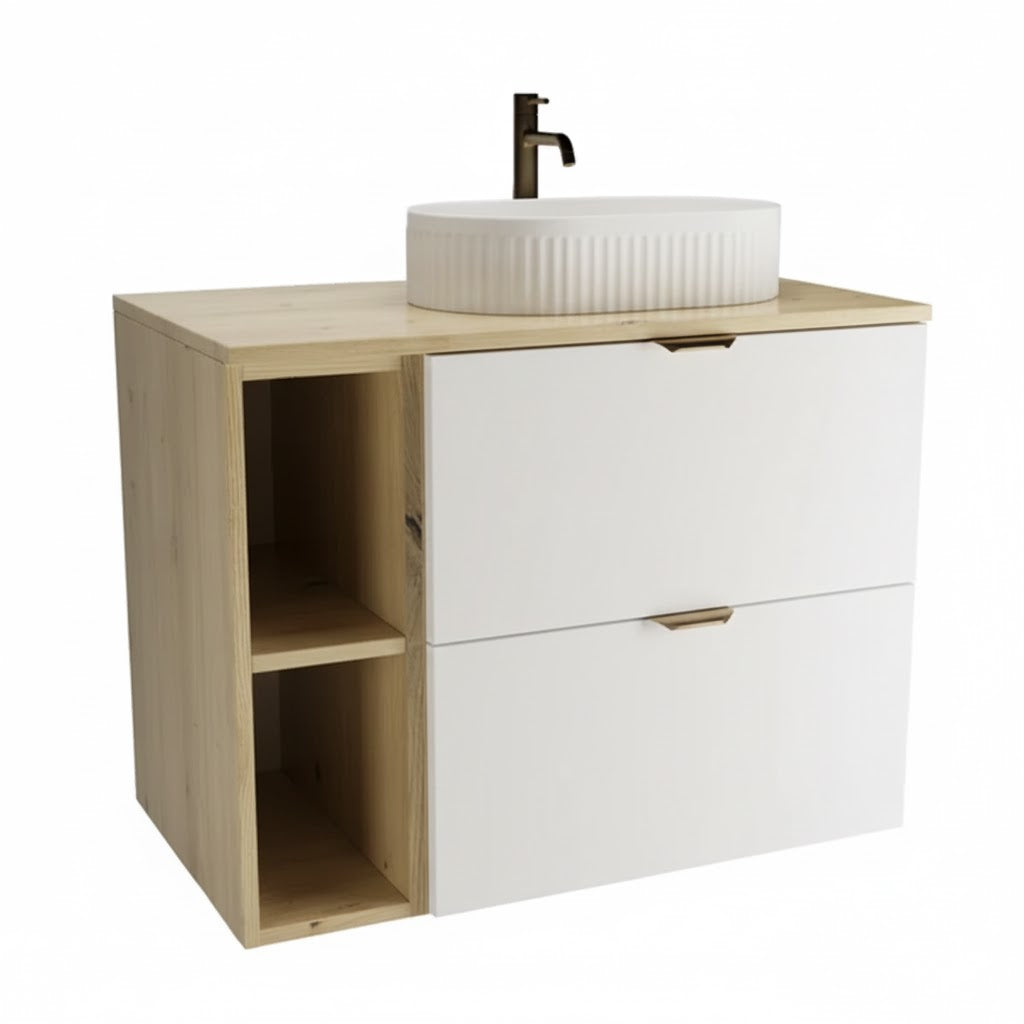 Badmöbel-Set Orio mit 80 cm Waschtischunterschrank in Weiß und Eiche Artisan sowie weißem Aufsatzwaschbecken Vanda, modernes Design.