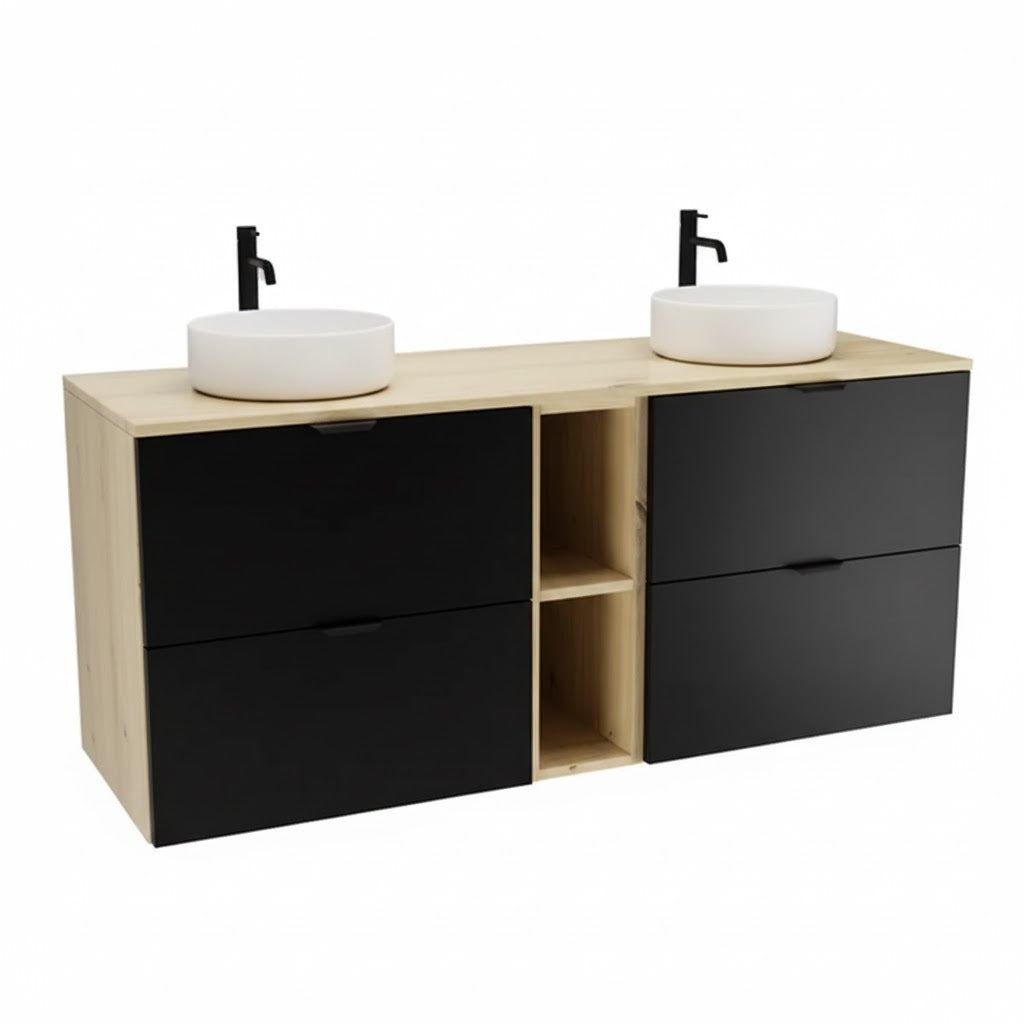 Badmöbel-Set Orio 140 cm in Schwarz und Eiche Artisan mit zwei Waschtischunterschränken, offenem Regal und durchgehender Waschtischplatte für zwei Aufsatzwaschbecken.
