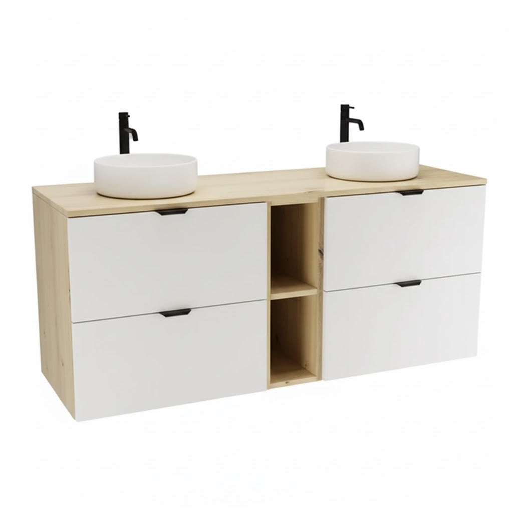 Badmöbel-Set Orio 140 cm in Weiß und Eiche Artisan mit zwei Waschtischunterschränken, offenem Regal, Waschtischplatte und Platz für zwei Aufsatzwaschbecken.