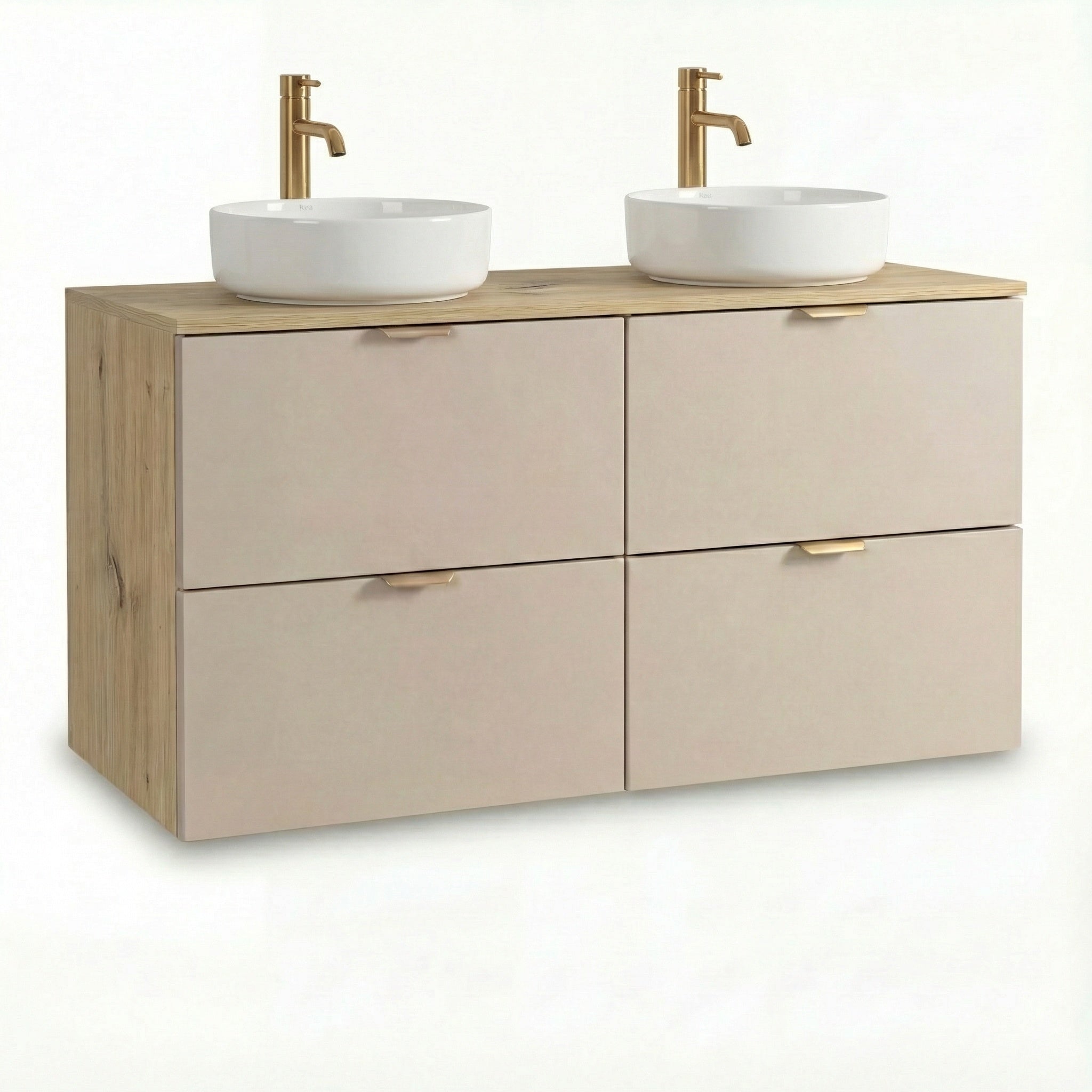 Badmöbel-Set Orio 120 cm in Kaschmir/Eiche Artisan – Doppel-Waschtischunterschrank mit 4 Soft-Close-Schubladen, zwei Aufsatzwaschbecken Carola aus weißer Keramik, wandhängendes Design und modernes, elegantes Badezimmer-Set für Paare oder Familien.