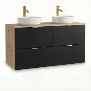 Badmöbel-Set Orio 120 cm in Schwarz/Eiche Artisan – Doppel-Waschtischunterschrank mit 4 Soft-Close-Schubladen, zwei Aufsatzwaschbecken Carola aus weißer Keramik, wandhängendes Design, elegante Kombination aus schwarzem Frontenfinish und natürlicher Holzoptik, ideal für moderne Familienbäder.