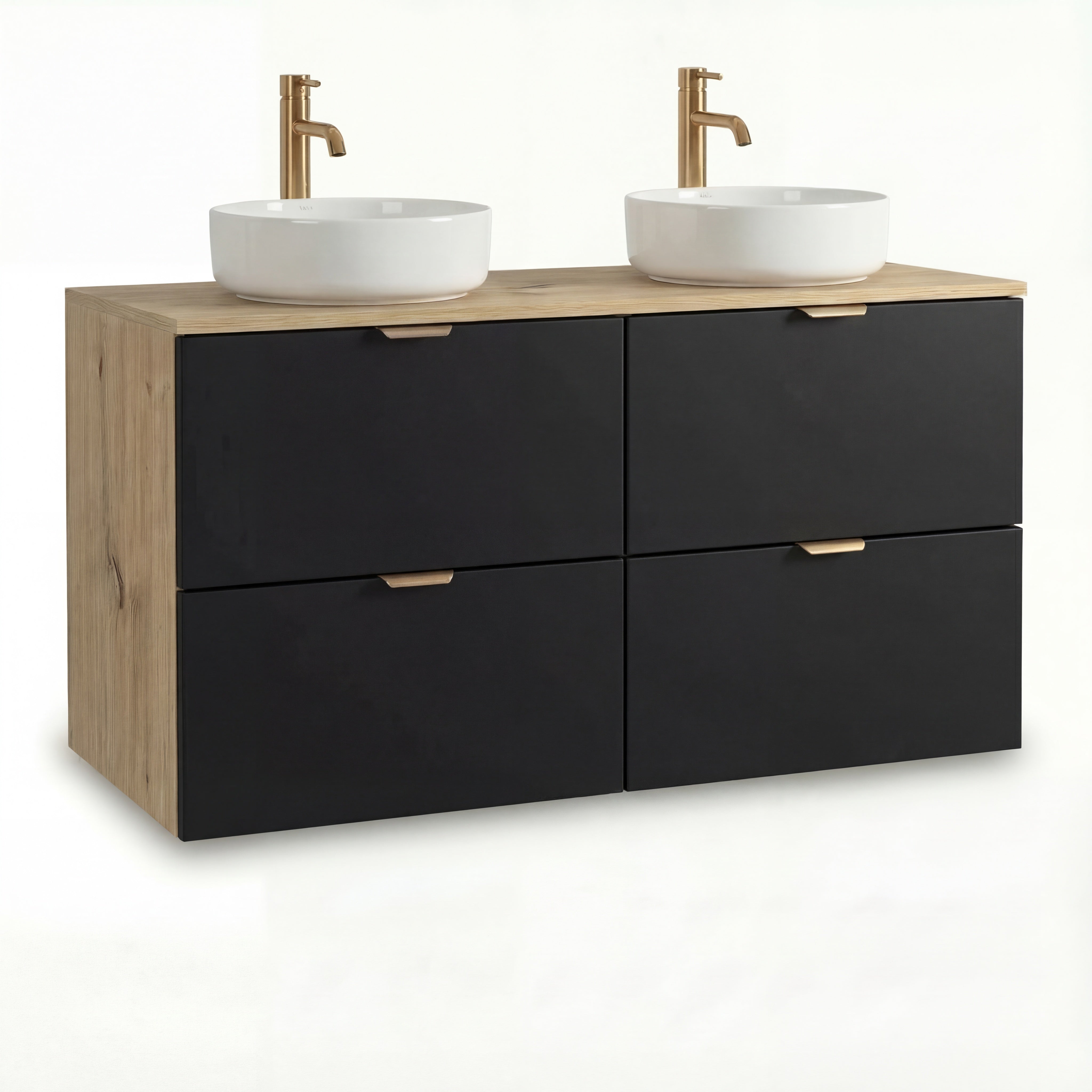 Badmöbel-Set Orio 120 cm in Schwarz/Eiche Artisan – Doppel-Waschtischunterschrank mit 4 Soft-Close-Schubladen, zwei Aufsatzwaschbecken Carola aus weißer Keramik, wandhängendes Design, elegante Kombination aus schwarzem Frontenfinish und natürlicher Holzoptik, ideal für moderne Familienbäder.