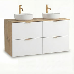 Badmöbel-Set Orio 120 cm in Weiß/Eiche Artisan – Doppel-Waschtischunterschrank mit 4 Soft-Close-Schubladen, zwei Aufsatzwaschbecken Carola aus weißer Keramik, wandhängendes Design, helle, moderne Optik mit natürlichen Holzakzenten, ideal für Familienbäder und Doppelwaschplätze.