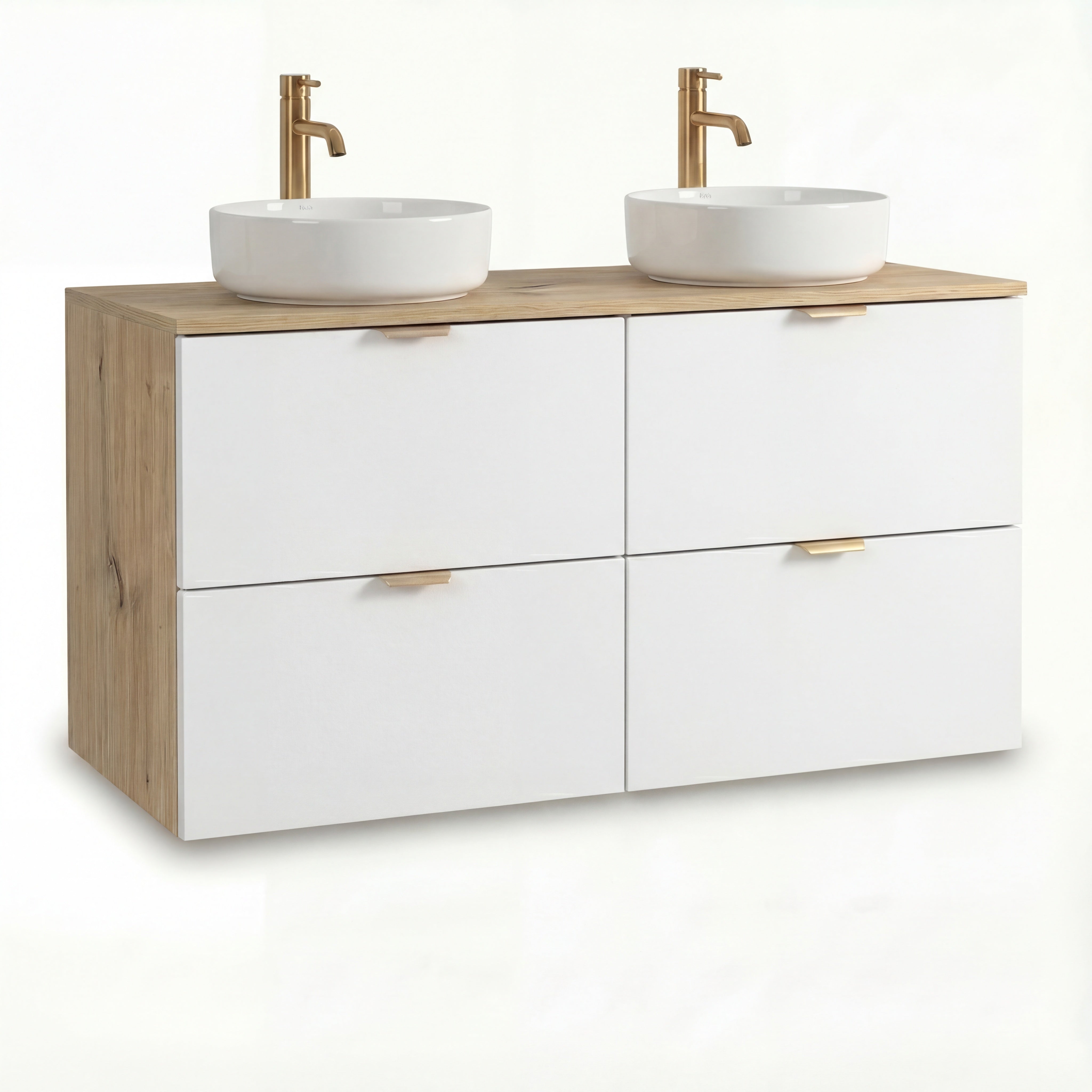 Badmöbel-Set Orio 120 cm in Weiß/Eiche Artisan – Doppel-Waschtischunterschrank mit 4 Soft-Close-Schubladen, zwei Aufsatzwaschbecken Carola aus weißer Keramik, wandhängendes Design, helle, moderne Optik mit natürlichen Holzakzenten, ideal für Familienbäder und Doppelwaschplätze.