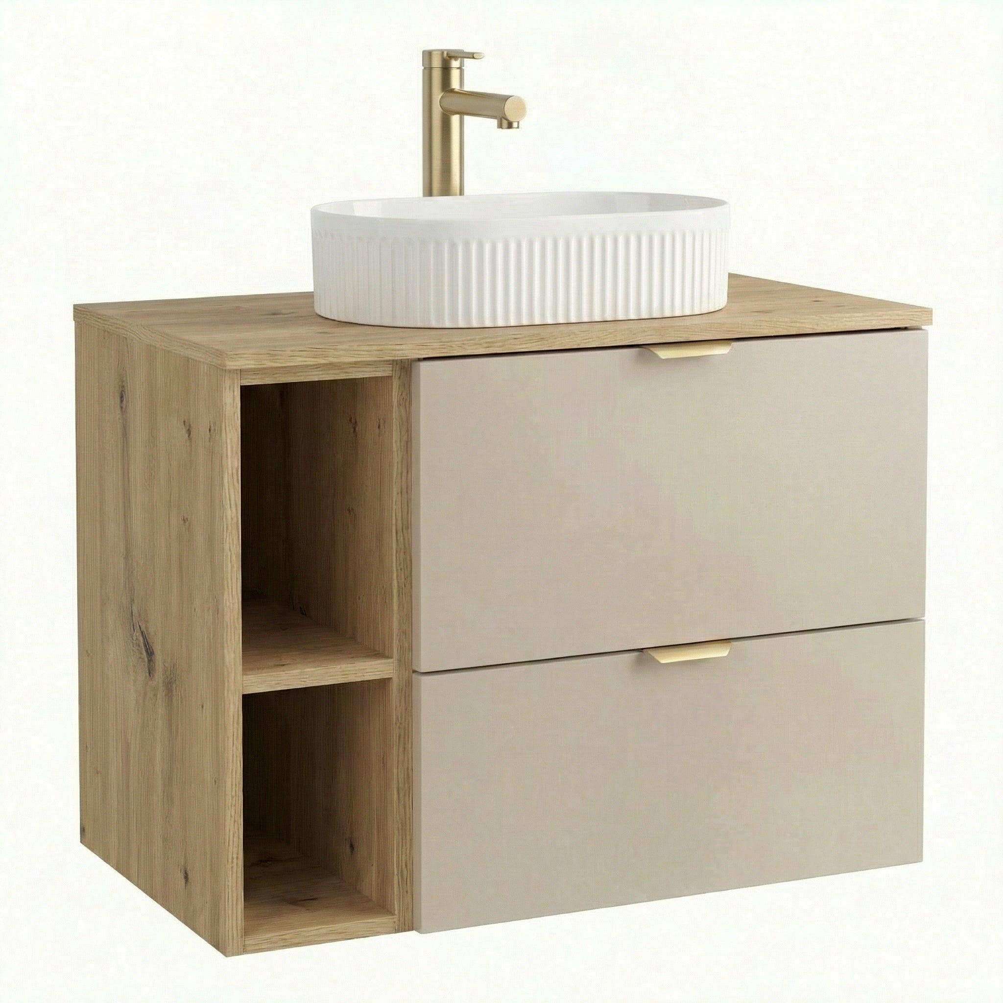 Badmöbel-Set Orio 80 cm mit wandhängendem Waschtischunterschrank in Kaschmir/Eiche Artisan, zwei Soft-Close-Schubladen, schwebendes Design, inklusive weißem Aufsatzwaschbecken Vanda mit dekorativen Einkerbungen, modernes und funktionales Badezimmer-Set.