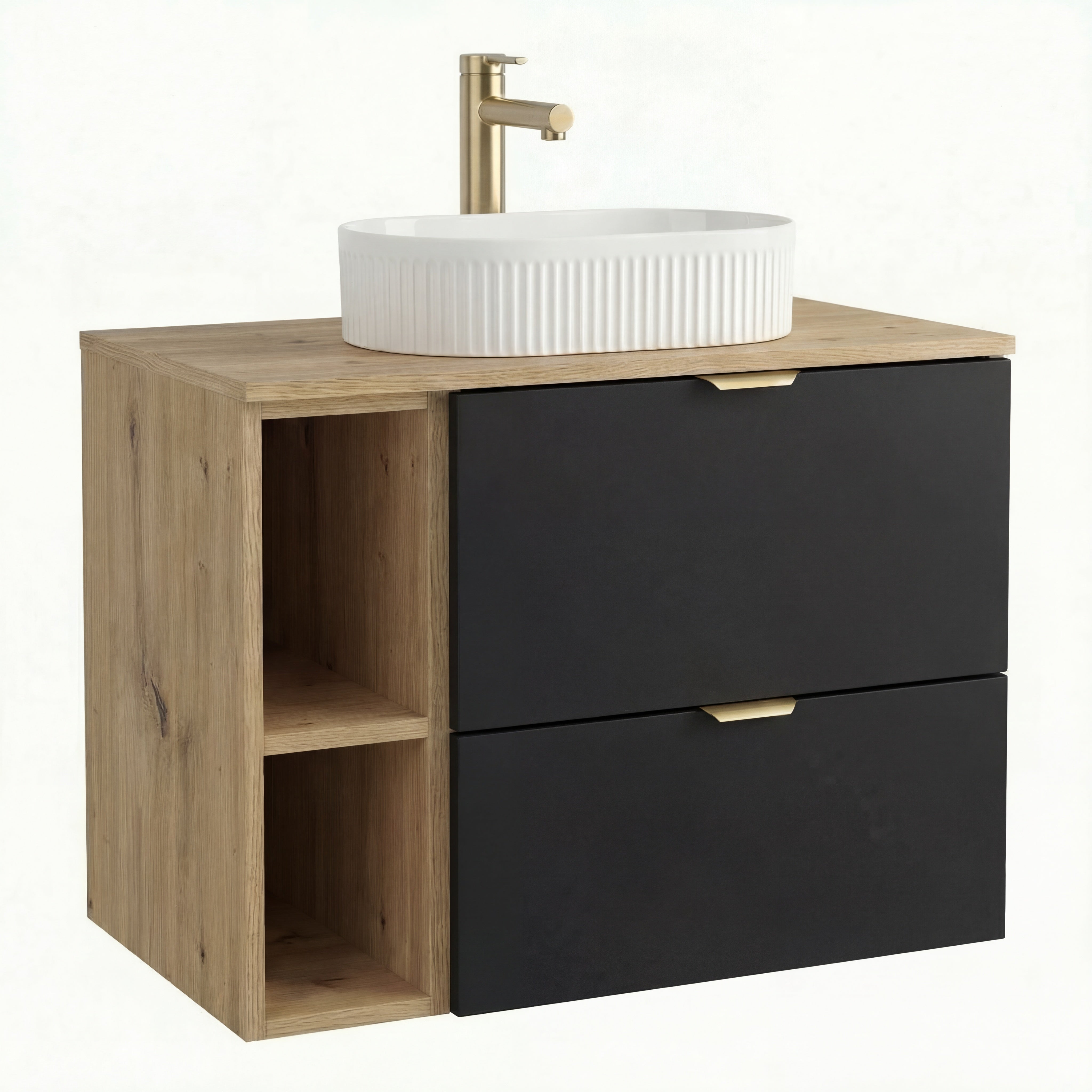 Badmöbel-Set Orio 80 cm in Schwarz/Eiche Artisan mit Aufsatzwaschbecken Vanda – modernes, wandhängendes Design mit zwei Soft-Close-Schubladen und zusätzlichem 20 cm Regal für stilvollen Stauraum im Badezimmer.