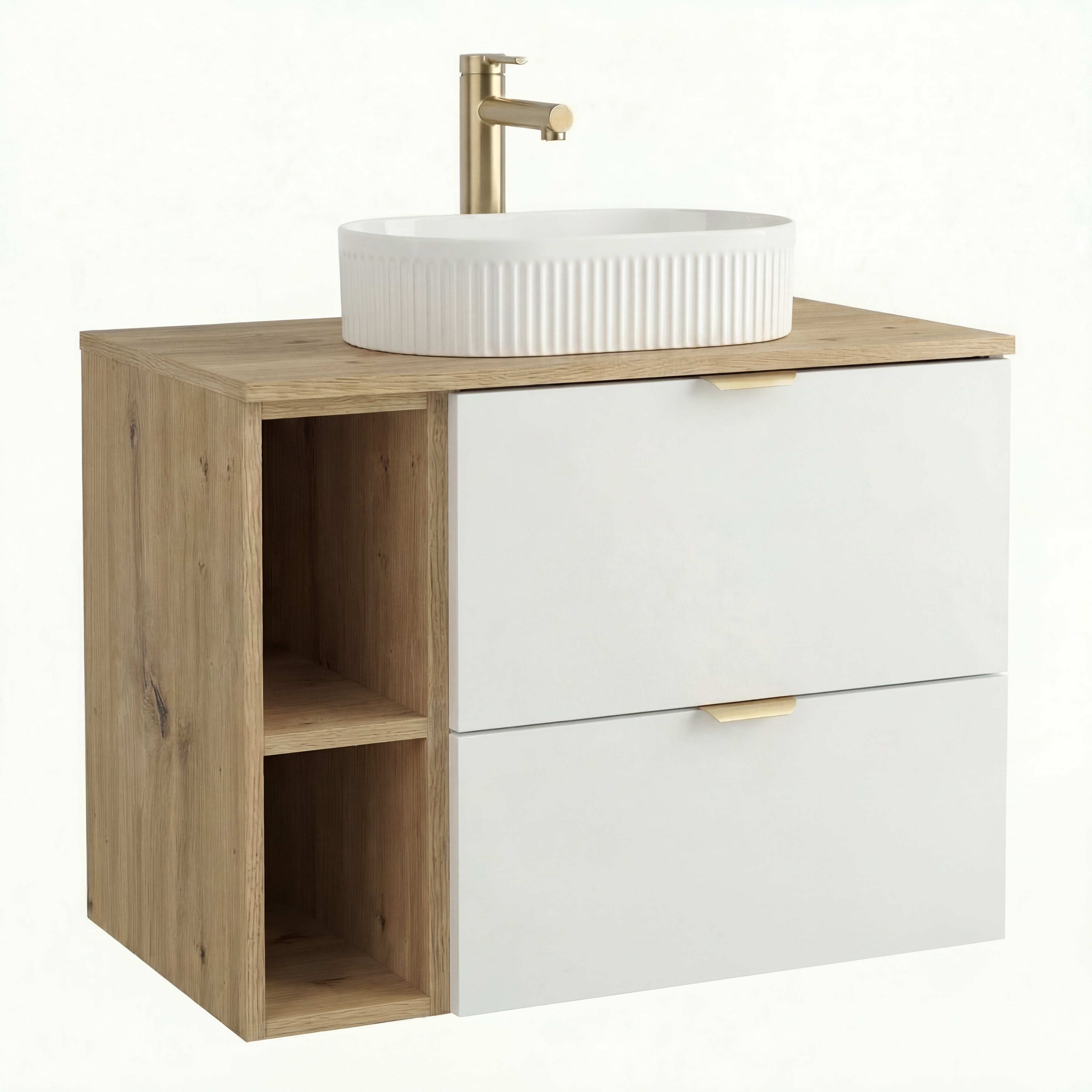 Badmöbel-Set Orio 80 cm in Weiß/Eiche Artisan mit Aufsatzwaschbecken Vanda – wandhängender Waschtischunterschrank mit zwei Soft-Close-Schubladen, dekorativen Rillen am Waschbecken und elegantem, modernen Design für helle und stilvolle Badezimmer.