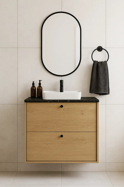 Waschtischunterschrank 60 cm, glatte Fronten Belino - Eiche Cremona/Marmor Schwarz