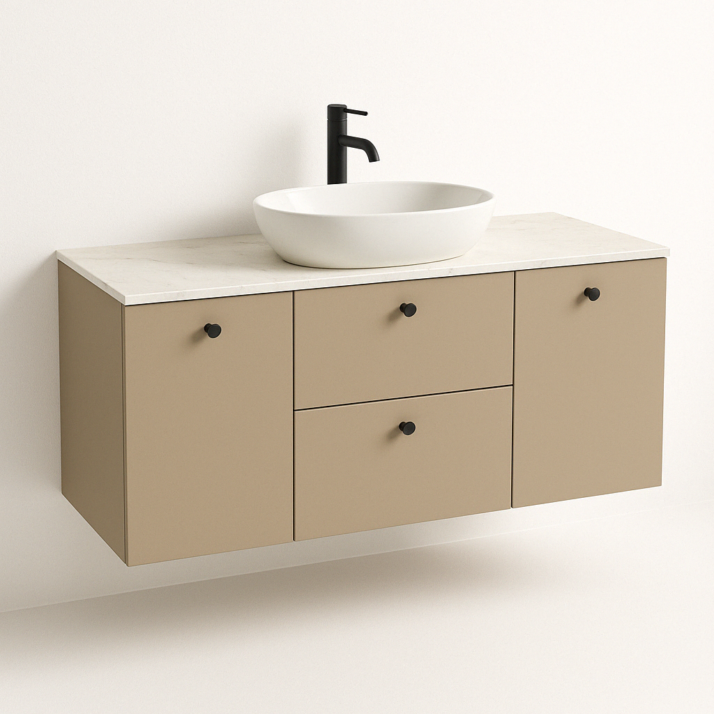 Waschtischunterschrank 140 cm, mit 2 Wäschekörben Beti - Cappuccino/Marmur Bianco