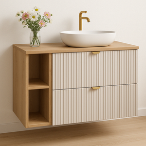 Waschtischunterschrank 100 cm Willy - Kaschmir, Regal und Walnussplatte