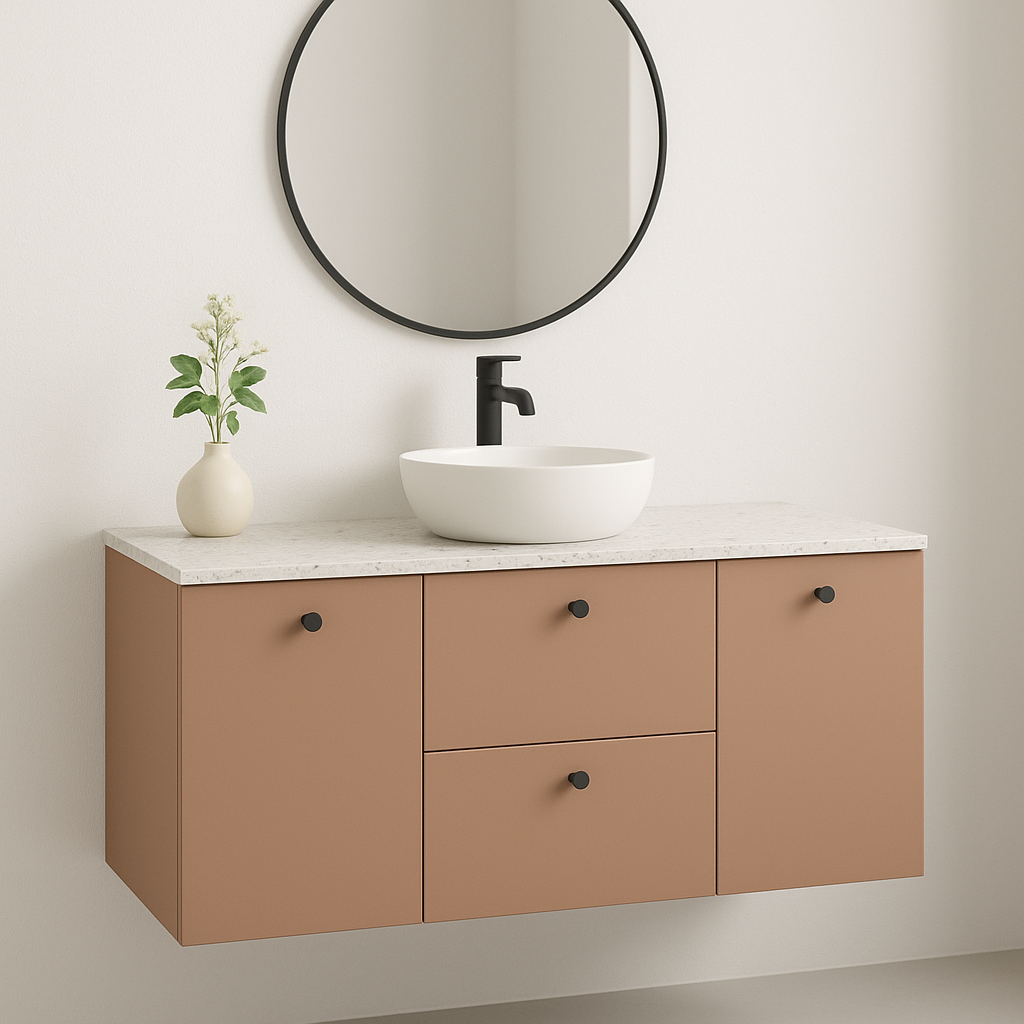 Waschtischunterschrank 140 cm, mit 2 Wäschekörben Beti - Dunkelrosa/Marmur Bianco